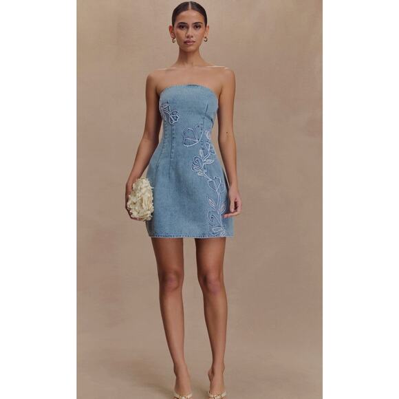 MESHKI Akira Embroidered Denim Mini Dress - M - Picture 6 of 6